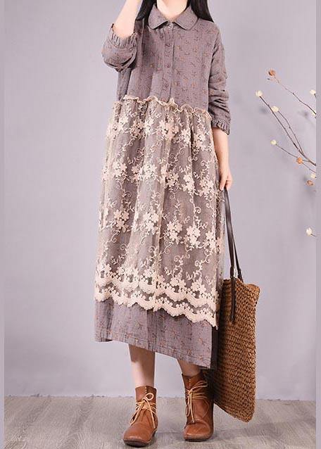 Organic Gray Print Wardrobes Patchwork Lace Long Spring Dresses - SooLinen