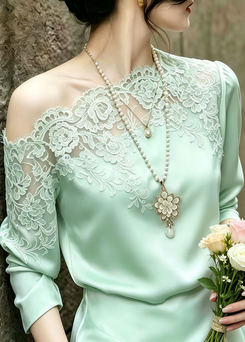 Organic Green One Shoulder Patchwork Lace Shirts Summer