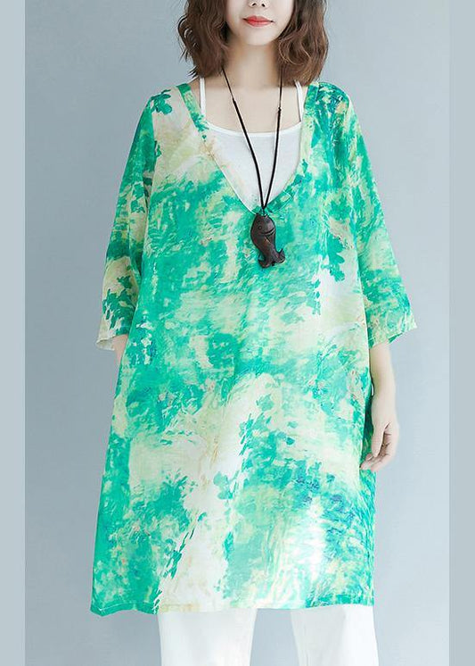 Organic Green Print Shirts V Neck Pockets Blouses - SooLinen