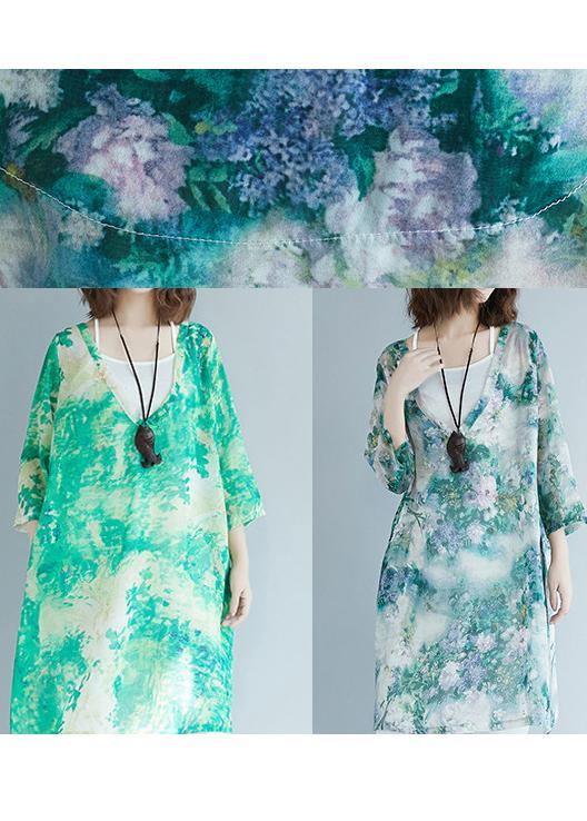 Organic Green Print Shirts V Neck Pockets Blouses - SooLinen