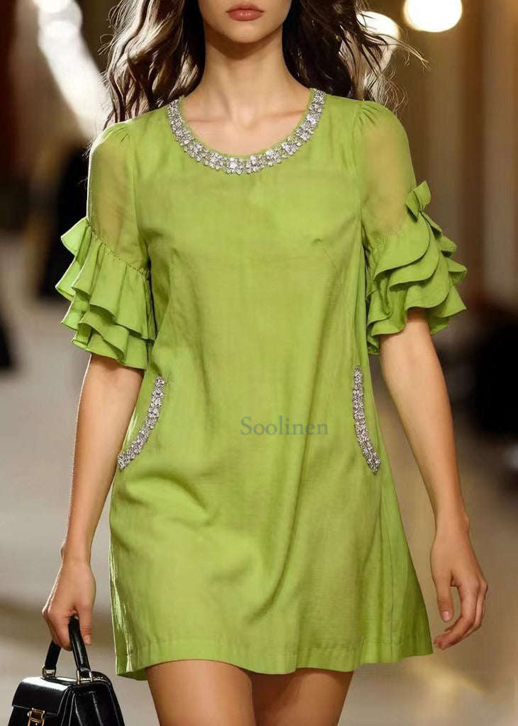 Organic Green Ruffled Zircon Cotton Tea Dress Summer