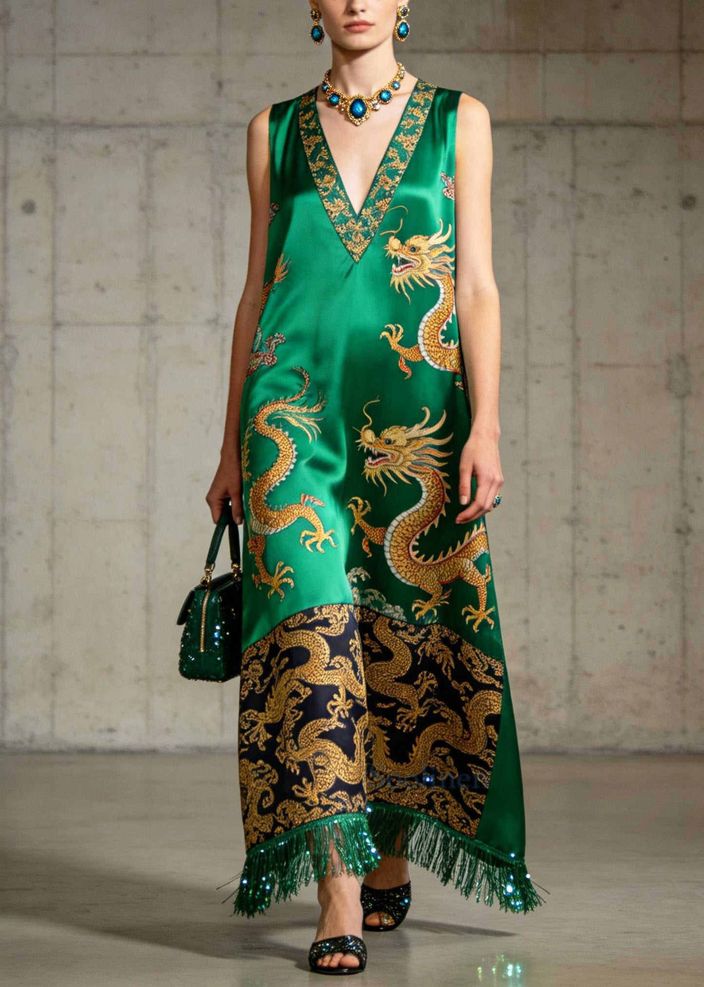 Organic Green Tasseled Print Silk A Line Dress Sleeveless