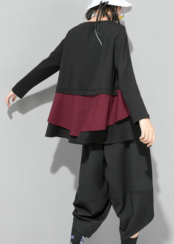 Bio-Maulbeere O-Ausschnitt Patchwork Rüschen Herbst Top Langarm