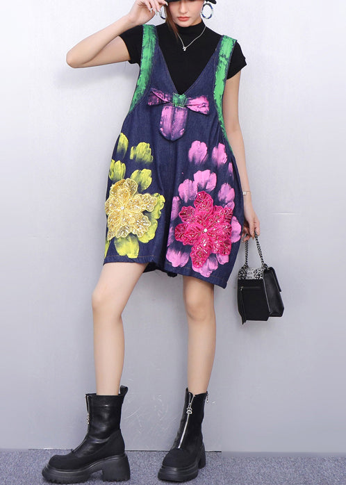 Bio-Jeans-Jumpsuit mit Oversize-Print in Marineblau, Sommer