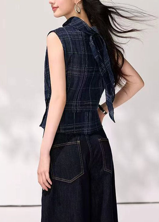 Organic Navy Plaid Cowl Neck Draping Tank Summer