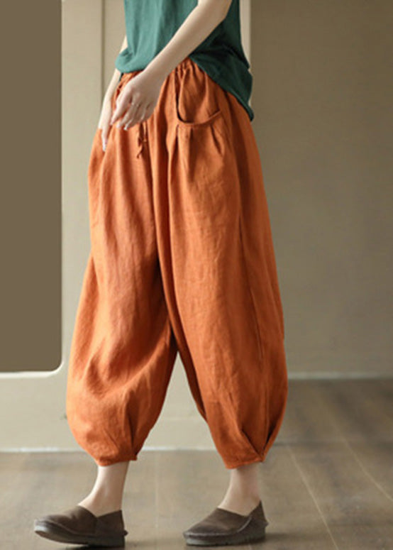 Pantalones cortos de lino liso con cintura elástica de color naranja orgánico