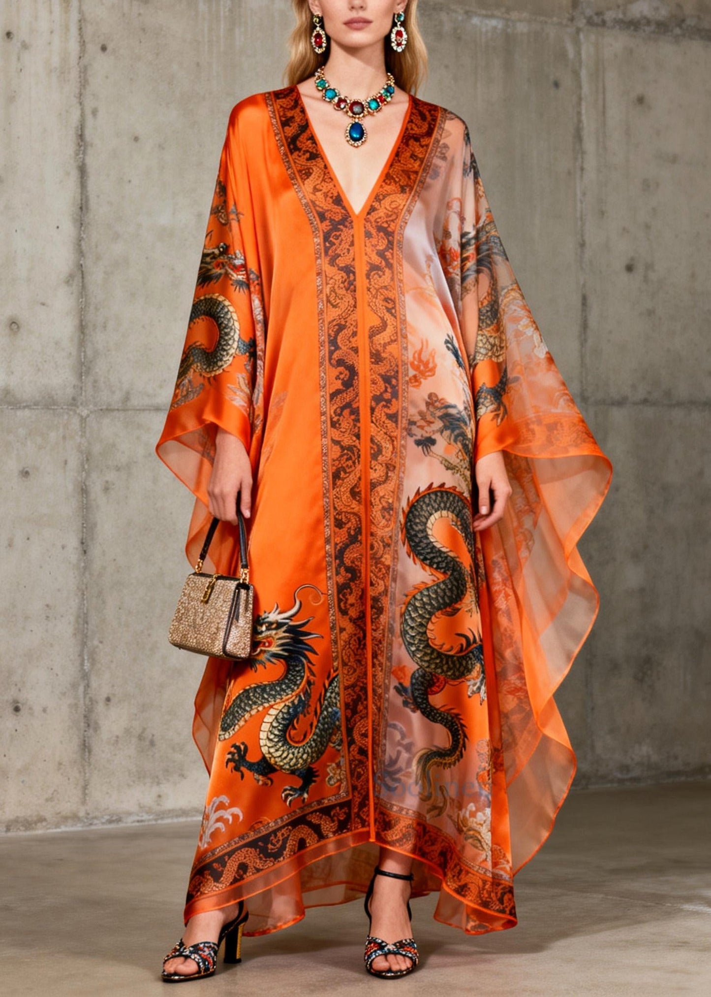 Organic Orange Oversized Print Chiffon Maxi Dress Batwing Sleeve