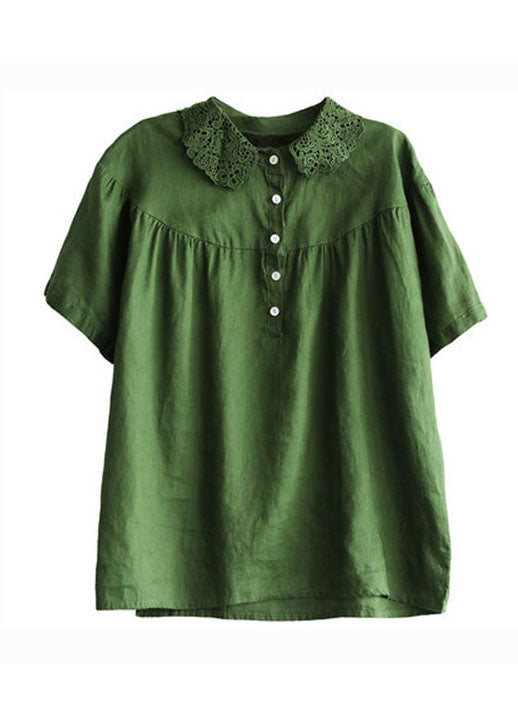 Bio Orange Peter Pan Kragen Spitze Patchwork Leinen T Shirts Top Sommer