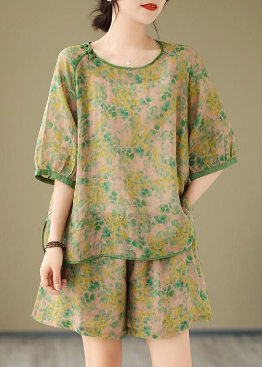 Organic Orange Print Side Open Top And Shorts Two Piece Set Short Sleeve