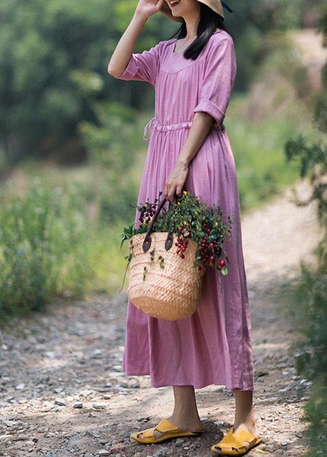 Organic Pink Clothes For Women O Neck Drawstring Summer Dresses - SooLinen