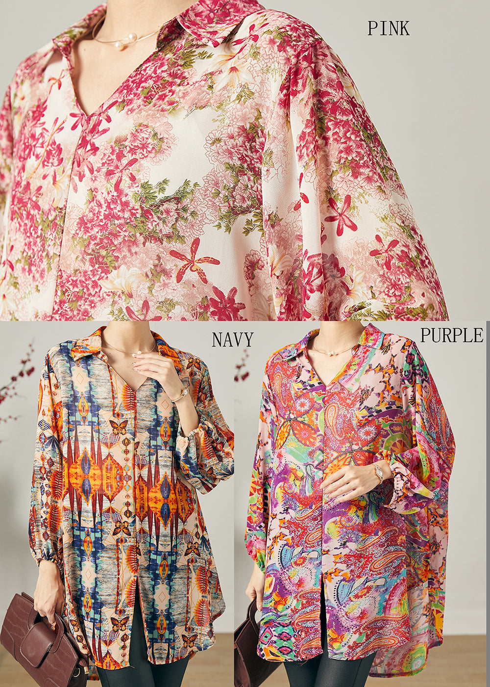 Bio-Chiffon-Bluse mit übergroßem Print, Rosa, Sommer