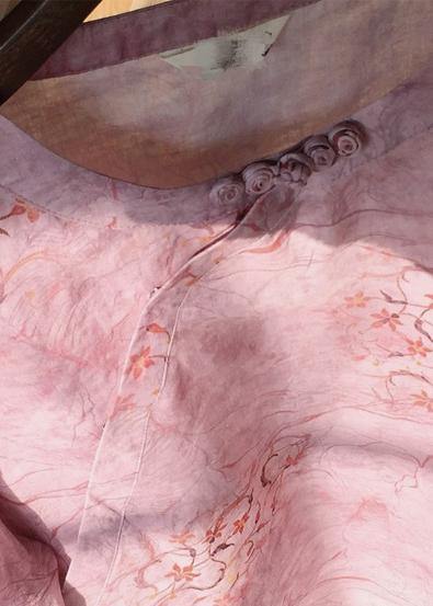 Organic Pink Print Blouses For Women O Neck Chinese Button Daily Tops - SooLinen