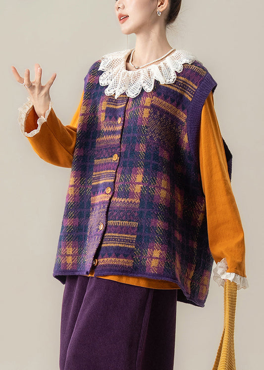 Ärmellose Weste aus Bio-Baumwollstrick, lila kariert, Rundhalsausschnitt