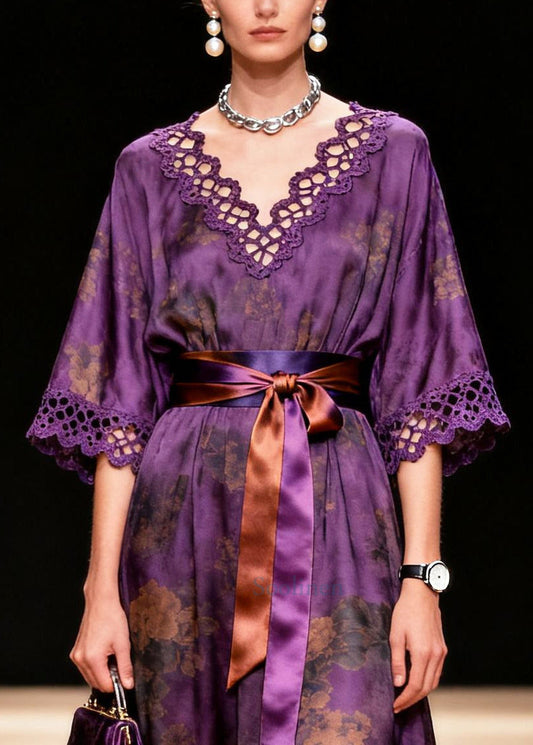 Organic Purple Tie Waist Print Silk Party Dress Summer