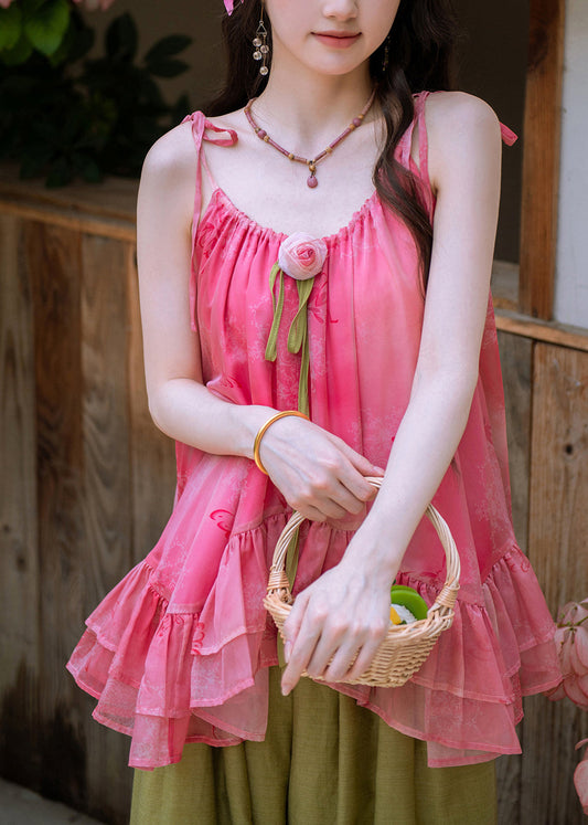 Organic Red Ruffled Patchwork Rose T Shirts And Wide Leg Pants Two Pieces Set Summer