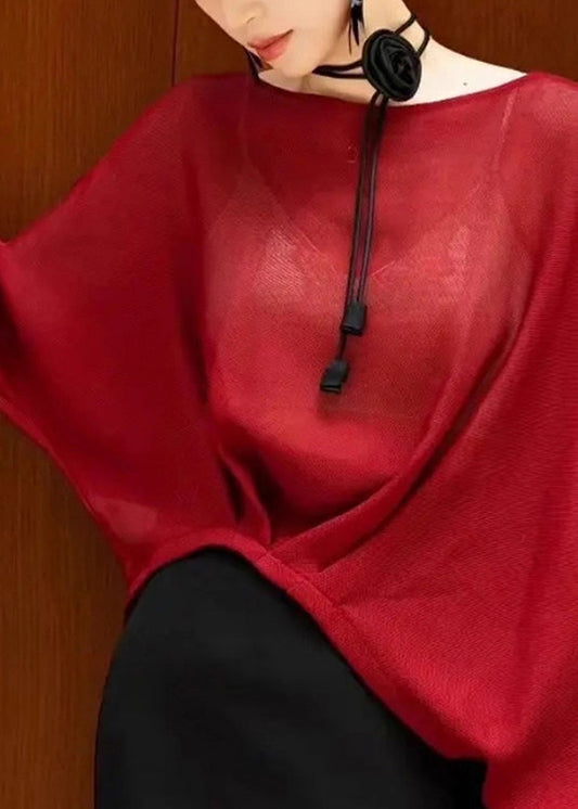 Roter Bio-Strickpullover mit V-Ausschnitt und Fledermausärmeln