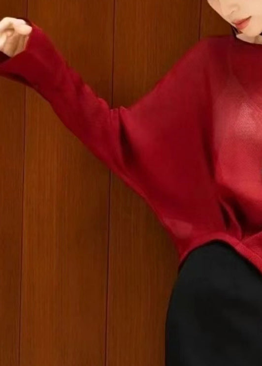 Suéteres de punto orgánicos rojos con cuello oblicuo y mangas murciélago