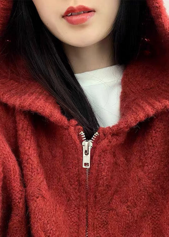 Bio Rote Kapuzenweste mit Reißverschluss Süße Herbststrickweste