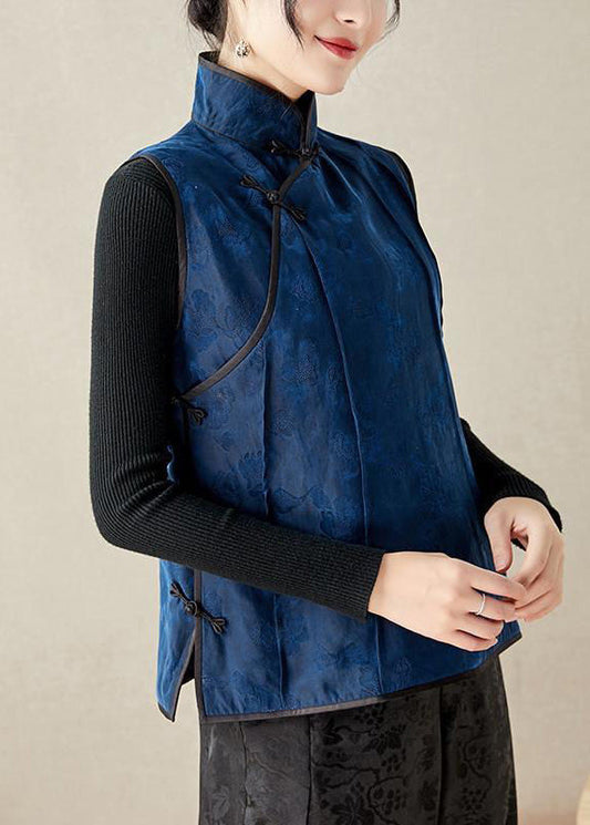 Bio-Stehkragen, bestickte Blumenknopf-Seidenweste, Frühling