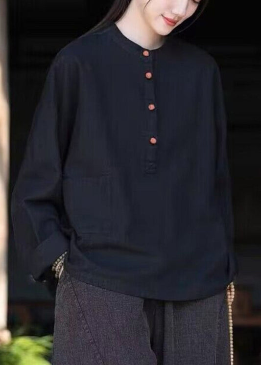 Bio-Teegrün Stehkragen Leinen Bluse Tops Langarm