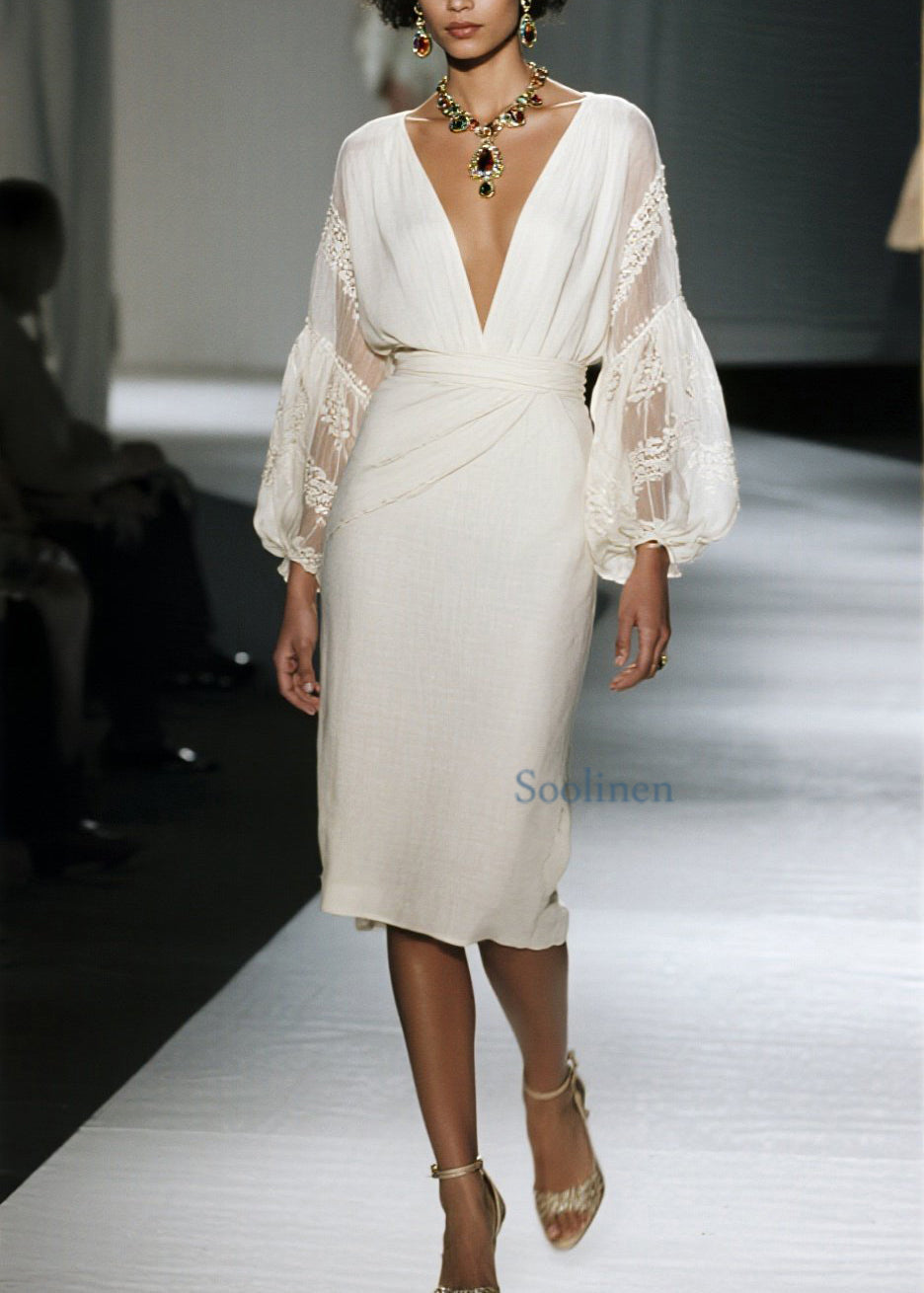 Vestido de algodón orgánico con cuello en V y patchwork de encaje para primavera