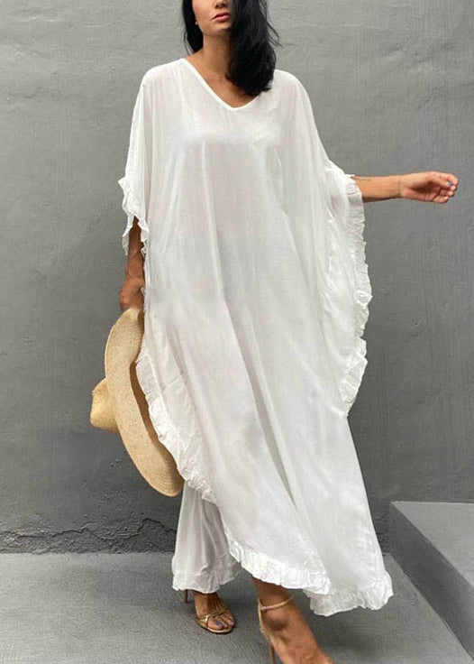 Organic White Oversized Ruffles Cotton Vacation Dresses Summer