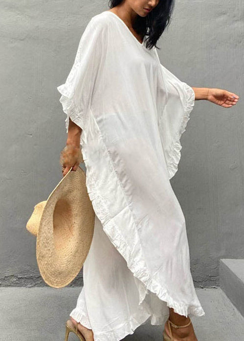 Organic White Oversized Ruffles Cotton Vacation Dresses Summer