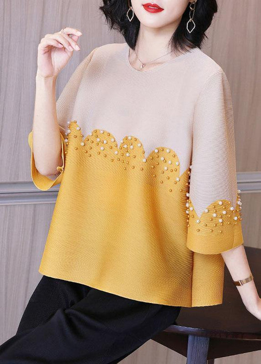 Organic Pink Pearl Beads Shirt Top Short Sleeve Blouse - SooLinen