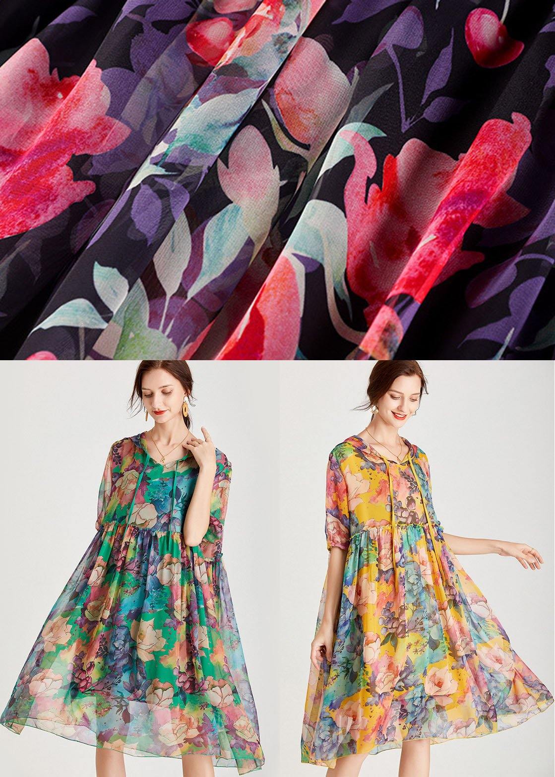 Organic Yellow Patchwork Print Summer Chiffon Dresses - SooLinen