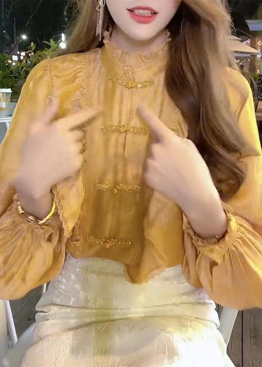 Bio-Gelb Stehkragen Knopf Rüschen Tops Laterne Ärmel