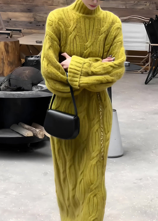 Organic Yellow Turtleneck Tunic Cotton Knit Long Sweater Dress Fall