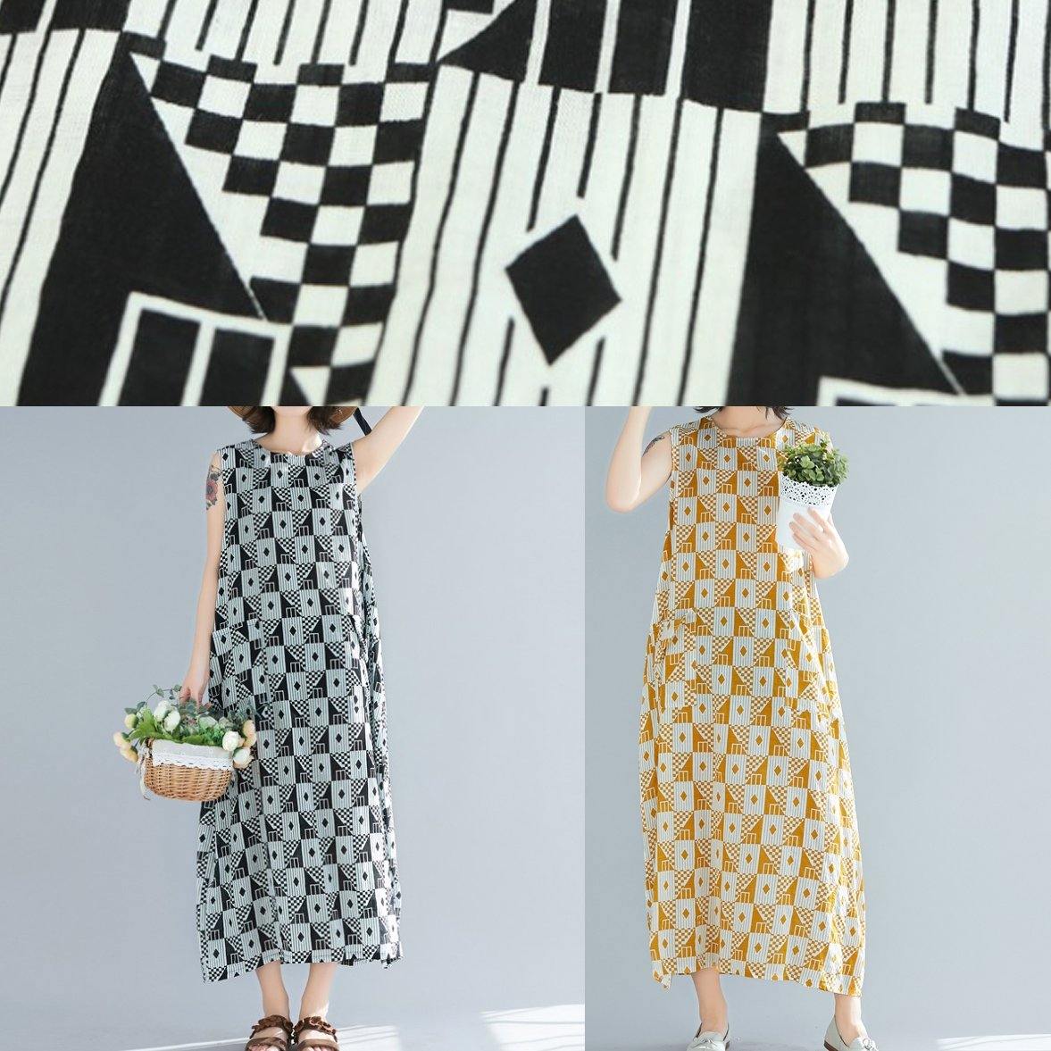 Organic black Geometric cotton o neck sleeveless long summer Dresses - SooLinen