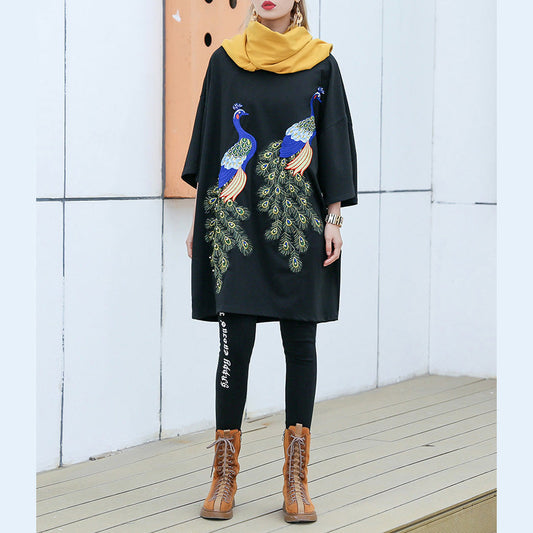 Organic black cotton box top Vintage design o neck patchwork Plus Size Clothing tops