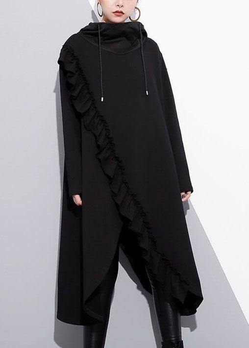 Organic black hooded cotton clothes ruffles long fall Dress - SooLinen
