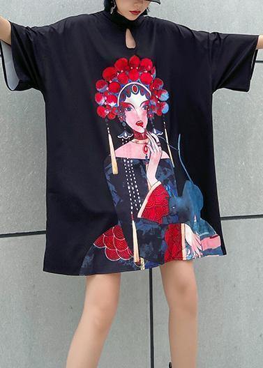 Organic black print Cotton clothes stand collar A Line summer Dress - SooLinen