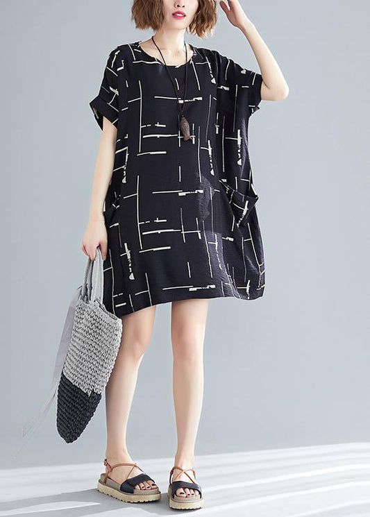 Organic black print Cotton quilting dresses Korea Outfits o neck pockets short Summer Dresses - SooLinen