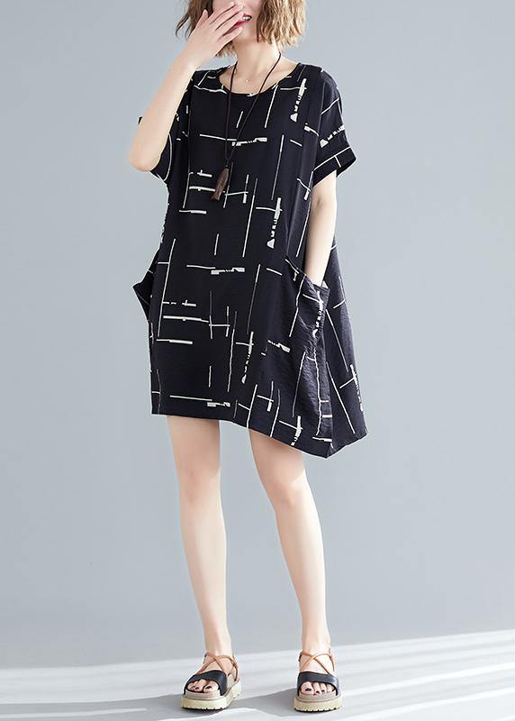 Organic black print Cotton quilting dresses Korea Outfits o neck pockets short Summer Dresses - SooLinen