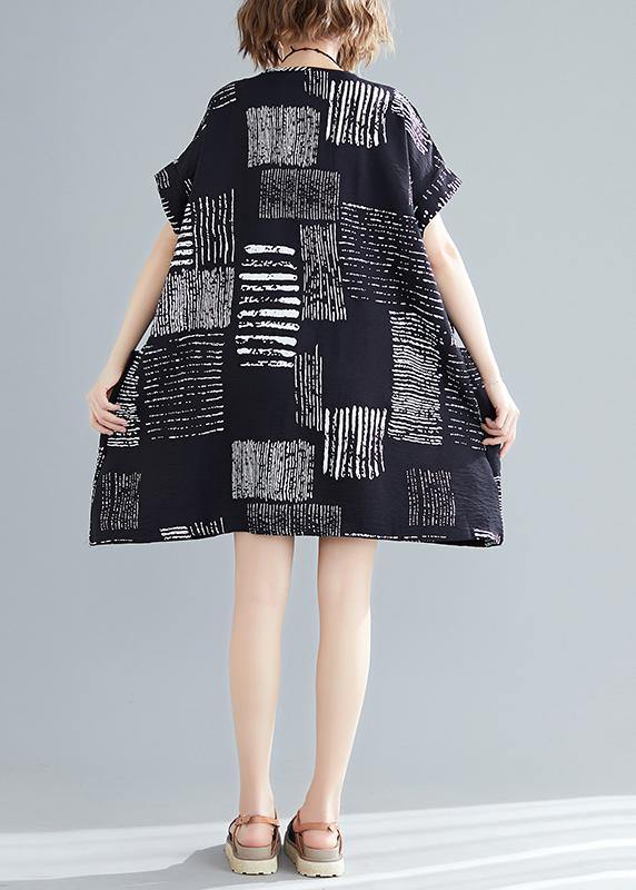 Organic black print Cotton quilting dresses Korea Outfits o neck pockets short Summer Dresses - SooLinen