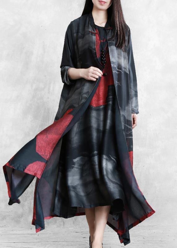 Organic black print Fashion crane dress Sewing stand Chinese Button cardigan - SooLinen