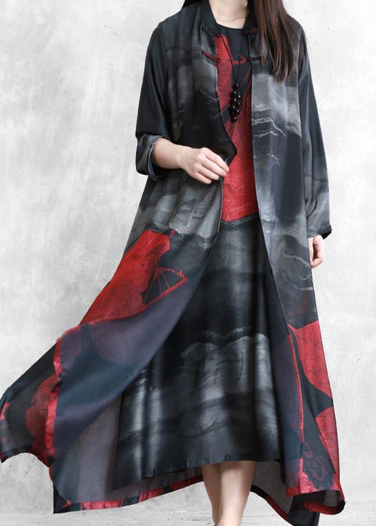 Organic black print Fashion crane dress Sewing stand Chinese Button cardigan - SooLinen