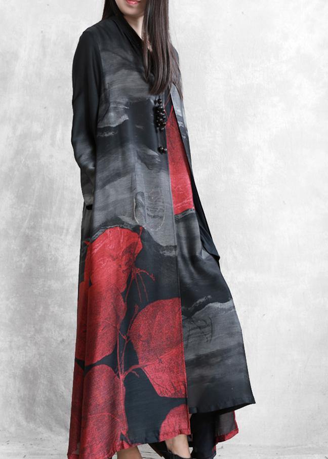 Organic black print Fashion crane dress Sewing stand Chinese Button cardigan - SooLinen