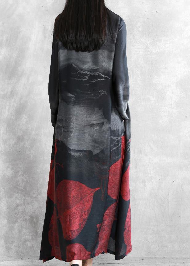 Organic black print Fashion crane dress Sewing stand Chinese Button cardigan - SooLinen