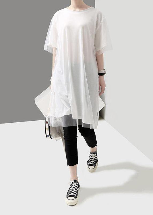 Organic clothes Women Korea Summer Short Sleeve Patchwork Tulle Dress - SooLinen