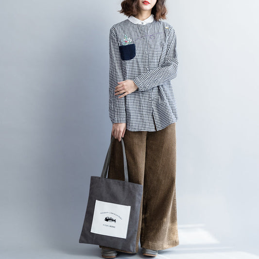 Bio-Baumwoll-Tops für Damen, stylisches Turn-Down-Kragen-Tunika-Top, schwarz-weiß kariertes Tunika-Top