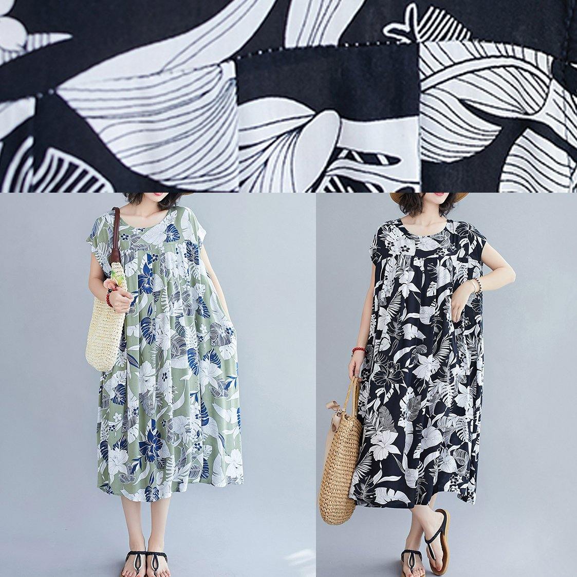 Organic green print clothes o neck pockets cotton summer Dresses - SooLinen