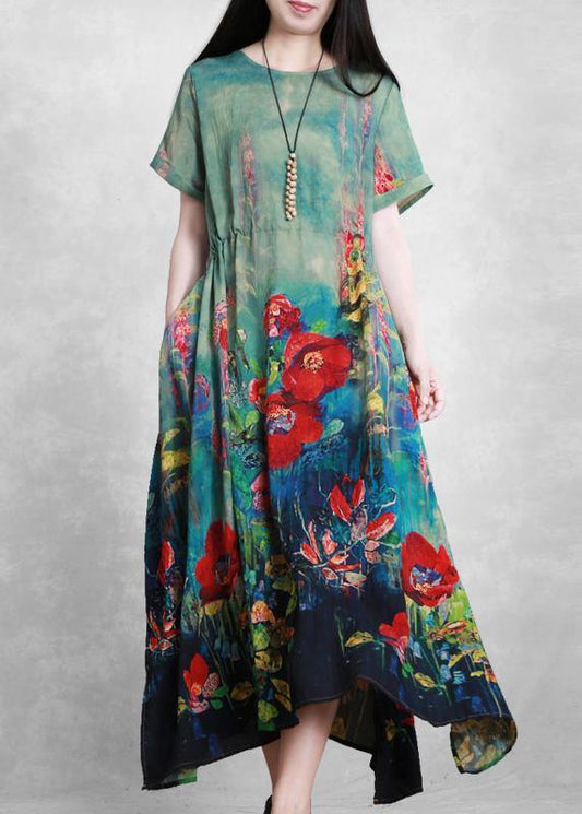 Organic green print dresses o neck tie waist Robe summer Dress - SooLinen