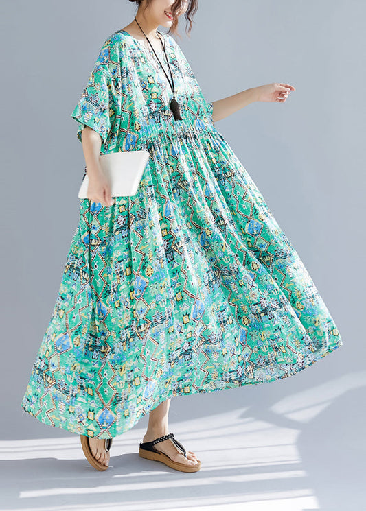 Kleiderschränke aus Bio-Leinen mit grünem Aufdruck, Vintage-Design, Rundhalsausschnitt, taillierte Robe, Sommerkleider