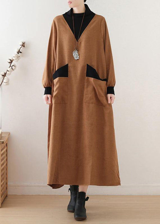 Organic high neck patchwork cotton dresses Work Outfits yellow A Line Dresses fall - SooLinen