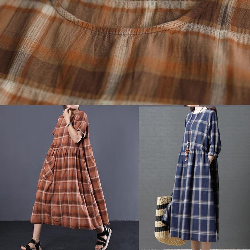 Organic khaki plaid o neck cotton clothes Women big hem long summer Dresses - SooLinen