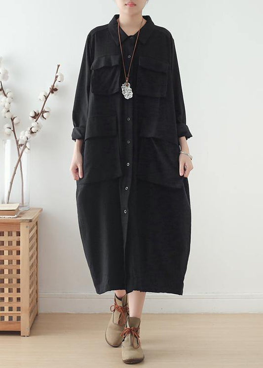 Organic lapel pockets fall Tunics Fabrics black Plus Size Dresses - SooLinen